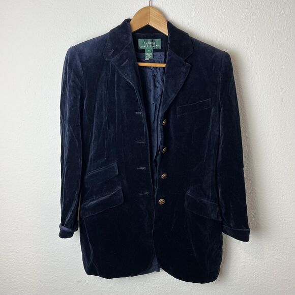 Lauren Ralph Lauren Blazer 6 Navy Velvet Gold Buttons Ticket Pocket old money - Picture 1 of 8